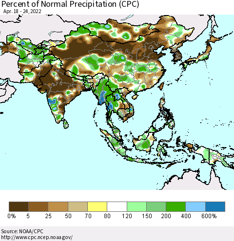Asia Percent of Normal Precipitation (CPC) Thematic Map For 4/18/2022 - 4/24/2022