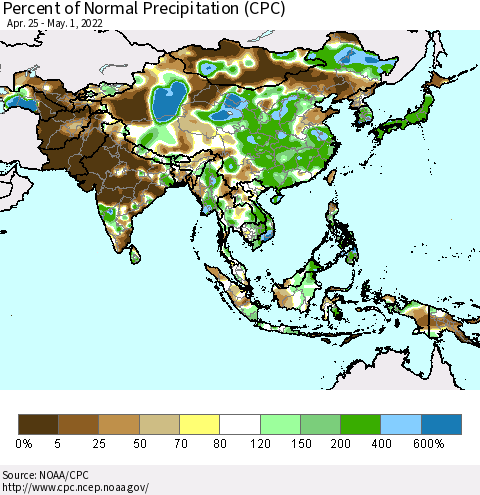 Asia Percent of Normal Precipitation (CPC) Thematic Map For 4/25/2022 - 5/1/2022