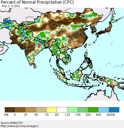 Asia Percent of Normal Precipitation (CPC) Thematic Map For 5/2/2022 - 5/8/2022