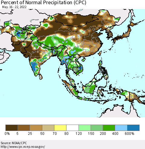 Asia Percent of Normal Precipitation (CPC) Thematic Map For 5/16/2022 - 5/22/2022