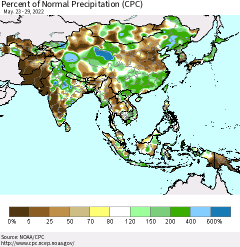 Asia Percent of Normal Precipitation (CPC) Thematic Map For 5/23/2022 - 5/29/2022