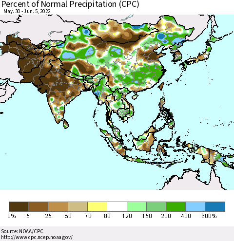 Asia Percent of Normal Precipitation (CPC) Thematic Map For 5/30/2022 - 6/5/2022