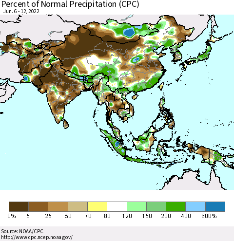 Asia Percent of Normal Precipitation (CPC) Thematic Map For 6/6/2022 - 6/12/2022