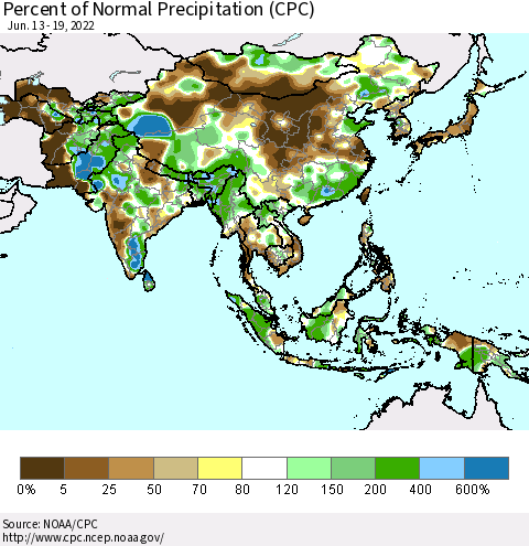 Asia Percent of Normal Precipitation (CPC) Thematic Map For 6/13/2022 - 6/19/2022