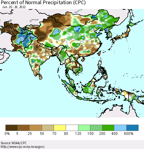 Asia Percent of Normal Precipitation (CPC) Thematic Map For 6/20/2022 - 6/26/2022