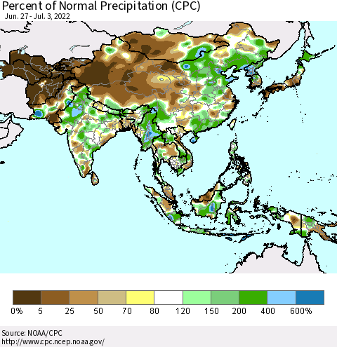 Asia Percent of Normal Precipitation (CPC) Thematic Map For 6/27/2022 - 7/3/2022