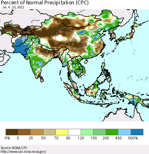 Asia Percent of Normal Precipitation (CPC) Thematic Map For 7/4/2022 - 7/10/2022