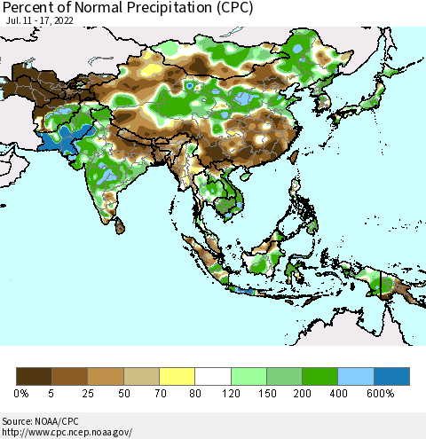 Asia Percent of Normal Precipitation (CPC) Thematic Map For 7/11/2022 - 7/17/2022