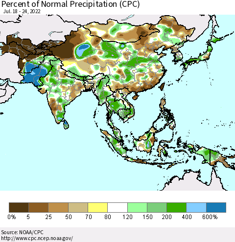 Asia Percent of Normal Precipitation (CPC) Thematic Map For 7/18/2022 - 7/24/2022