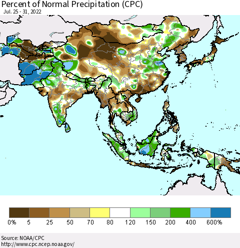 Asia Percent of Normal Precipitation (CPC) Thematic Map For 7/25/2022 - 7/31/2022