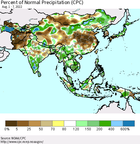 Asia Percent of Normal Precipitation (CPC) Thematic Map For 8/1/2022 - 8/7/2022