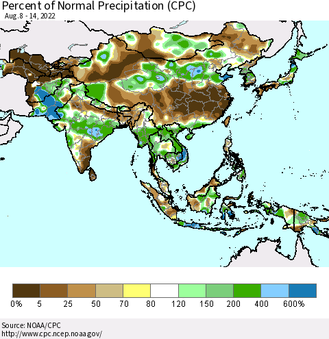 Asia Percent of Normal Precipitation (CPC) Thematic Map For 8/8/2022 - 8/14/2022