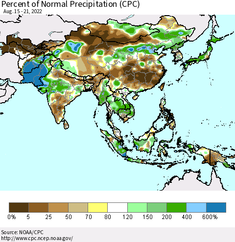 Asia Percent of Normal Precipitation (CPC) Thematic Map For 8/15/2022 - 8/21/2022