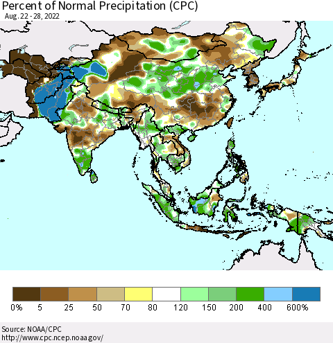 Asia Percent of Normal Precipitation (CPC) Thematic Map For 8/22/2022 - 8/28/2022