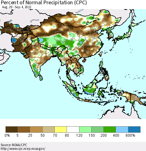 Asia Percent of Normal Precipitation (CPC) Thematic Map For 8/29/2022 - 9/4/2022