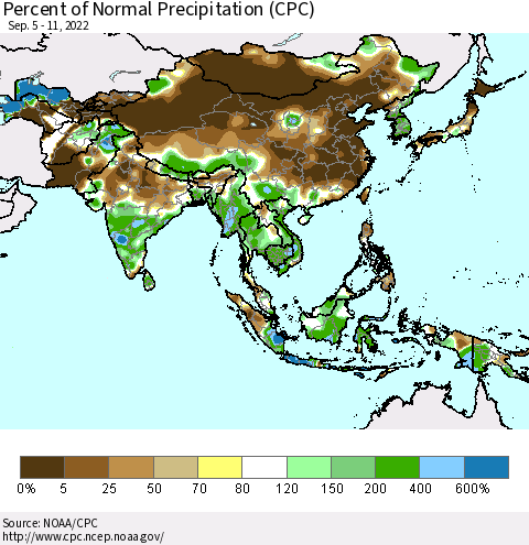Asia Percent of Normal Precipitation (CPC) Thematic Map For 9/5/2022 - 9/11/2022