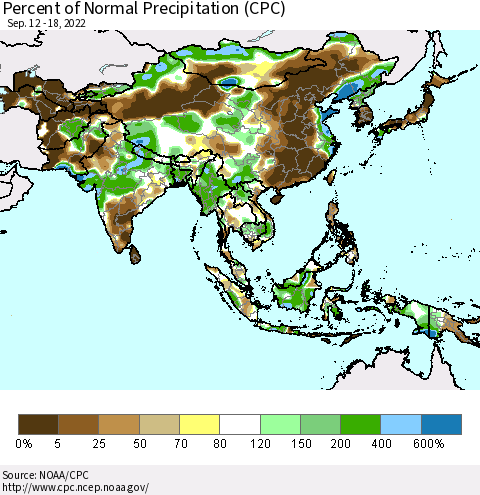 Asia Percent of Normal Precipitation (CPC) Thematic Map For 9/12/2022 - 9/18/2022