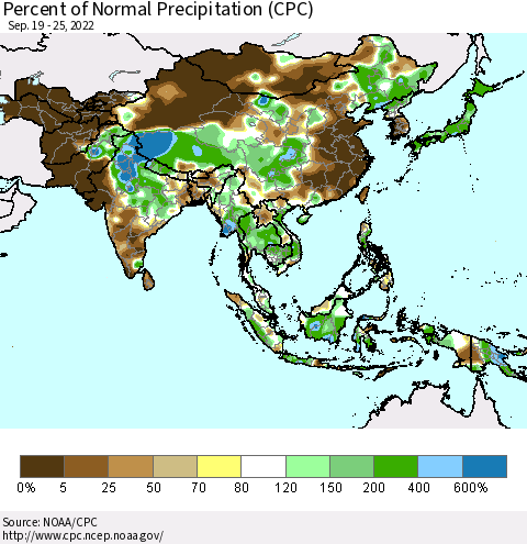 Asia Percent of Normal Precipitation (CPC) Thematic Map For 9/19/2022 - 9/25/2022
