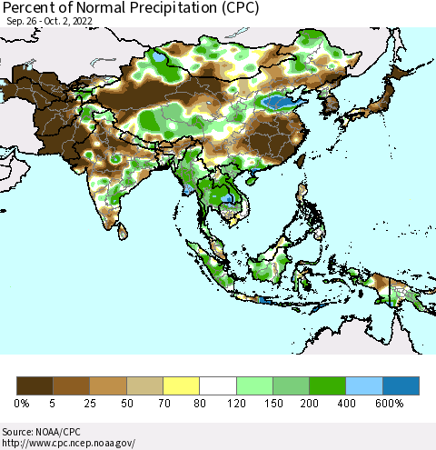 Asia Percent of Normal Precipitation (CPC) Thematic Map For 9/26/2022 - 10/2/2022