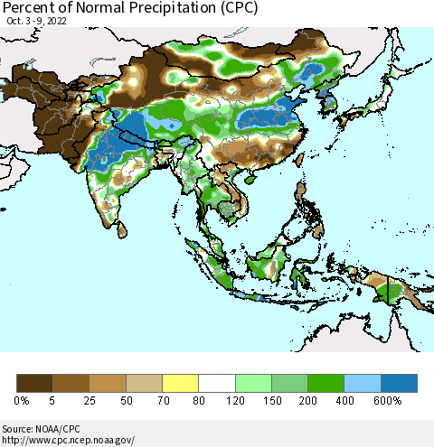 Asia Percent of Normal Precipitation (CPC) Thematic Map For 10/3/2022 - 10/9/2022