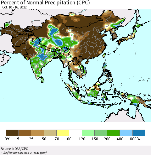 Asia Percent of Normal Precipitation (CPC) Thematic Map For 10/10/2022 - 10/16/2022
