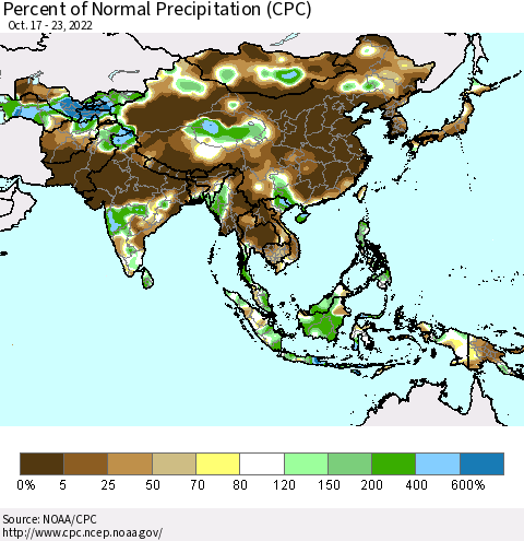 Asia Percent of Normal Precipitation (CPC) Thematic Map For 10/17/2022 - 10/23/2022