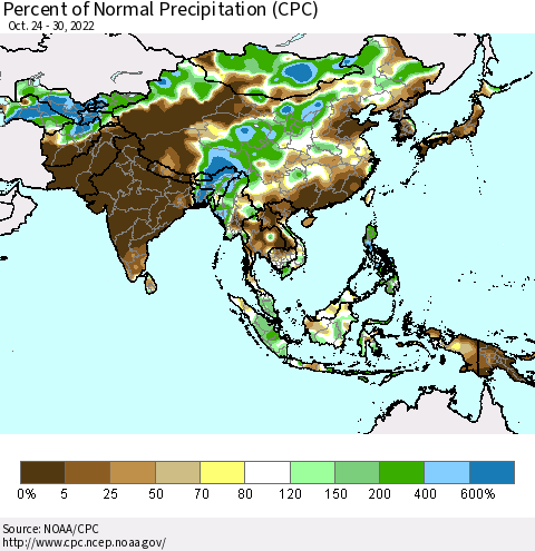 Asia Percent of Normal Precipitation (CPC) Thematic Map For 10/24/2022 - 10/30/2022