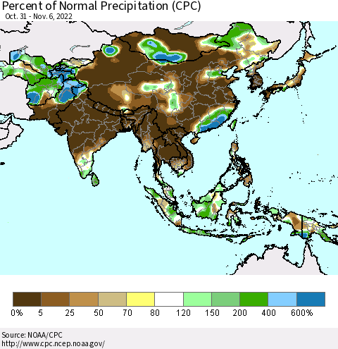 Asia Percent of Normal Precipitation (CPC) Thematic Map For 10/31/2022 - 11/6/2022