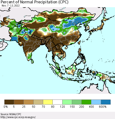 Asia Percent of Normal Precipitation (CPC) Thematic Map For 11/7/2022 - 11/13/2022