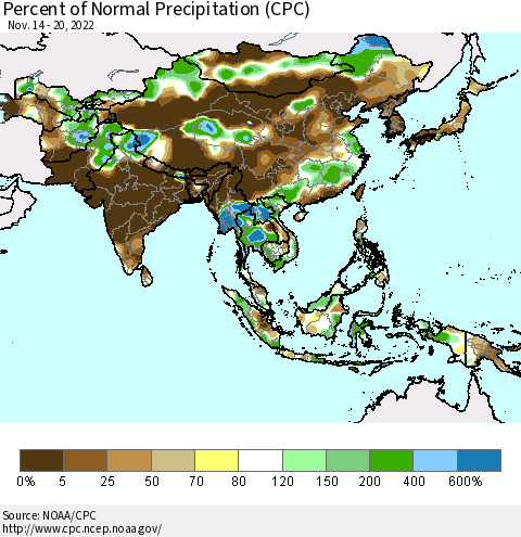 Asia Percent of Normal Precipitation (CPC) Thematic Map For 11/14/2022 - 11/20/2022