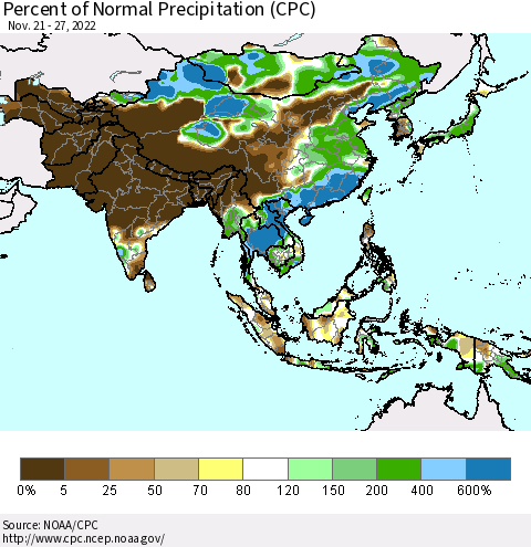 Asia Percent of Normal Precipitation (CPC) Thematic Map For 11/21/2022 - 11/27/2022