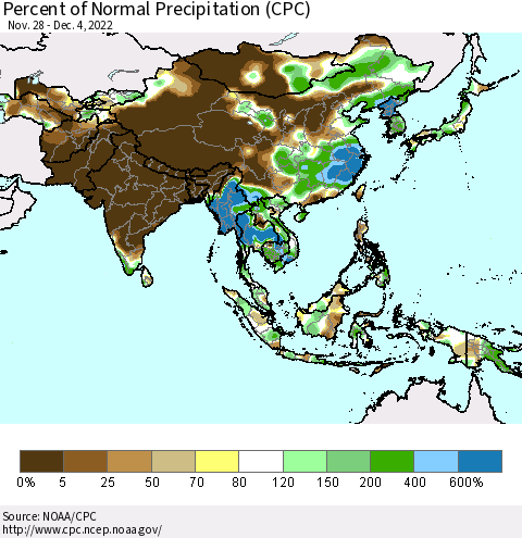 Asia Percent of Normal Precipitation (CPC) Thematic Map For 11/28/2022 - 12/4/2022