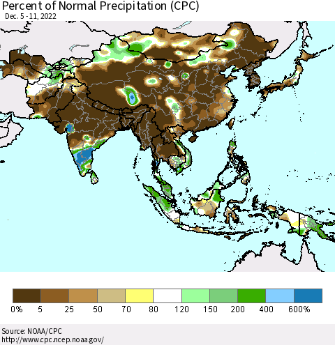 Asia Percent of Normal Precipitation (CPC) Thematic Map For 12/5/2022 - 12/11/2022