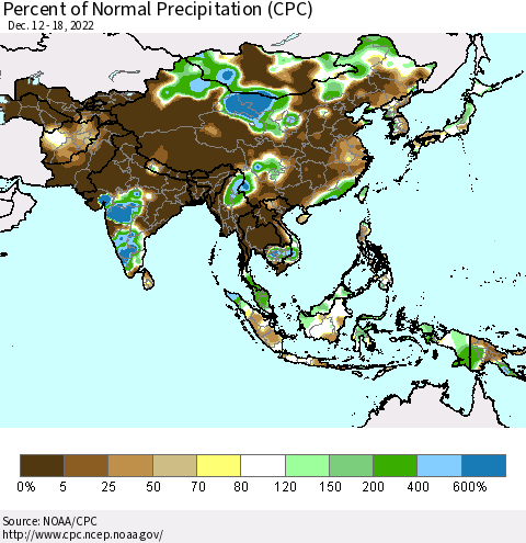 Asia Percent of Normal Precipitation (CPC) Thematic Map For 12/12/2022 - 12/18/2022