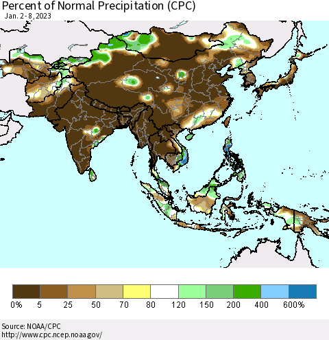 Asia Percent of Normal Precipitation (CPC) Thematic Map For 1/2/2023 - 1/8/2023