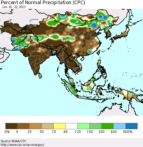 Asia Percent of Normal Precipitation (CPC) Thematic Map For 1/16/2023 - 1/22/2023