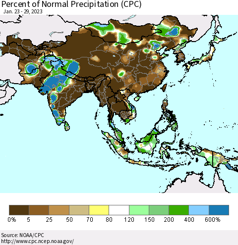 Asia Percent of Normal Precipitation (CPC) Thematic Map For 1/23/2023 - 1/29/2023