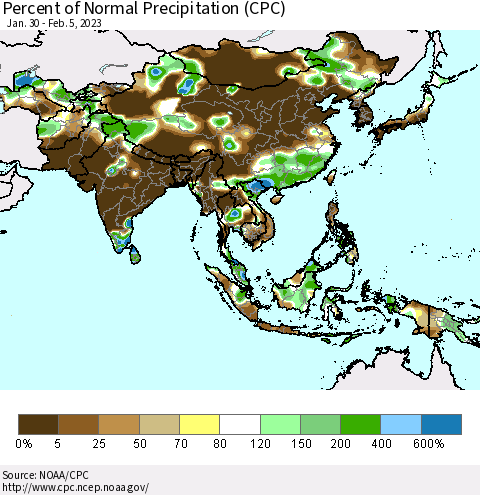 Asia Percent of Normal Precipitation (CPC) Thematic Map For 1/30/2023 - 2/5/2023