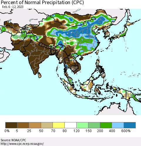 Asia Percent of Normal Precipitation (CPC) Thematic Map For 2/6/2023 - 2/12/2023