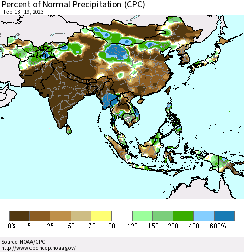 Asia Percent of Normal Precipitation (CPC) Thematic Map For 2/13/2023 - 2/19/2023