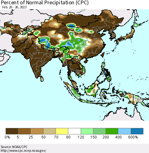 Asia Percent of Normal Precipitation (CPC) Thematic Map For 2/20/2023 - 2/26/2023