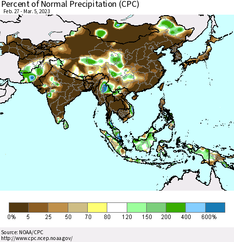 Asia Percent of Normal Precipitation (CPC) Thematic Map For 2/27/2023 - 3/5/2023