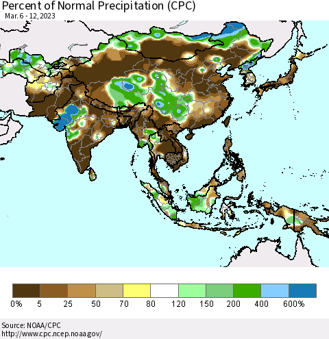 Asia Percent of Normal Precipitation (CPC) Thematic Map For 3/6/2023 - 3/12/2023
