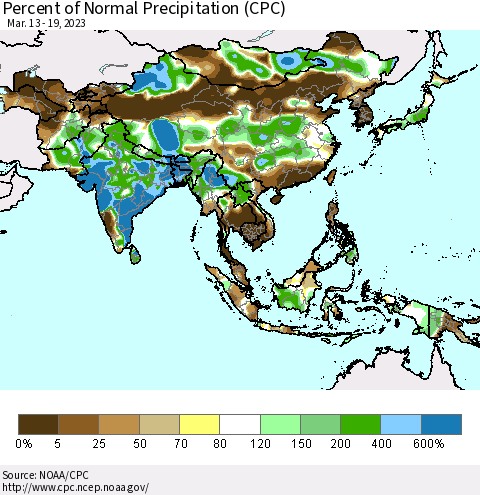 Asia Percent of Normal Precipitation (CPC) Thematic Map For 3/13/2023 - 3/19/2023