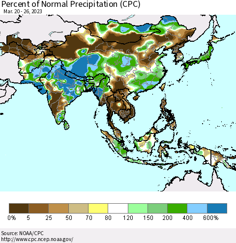 Asia Percent of Normal Precipitation (CPC) Thematic Map For 3/20/2023 - 3/26/2023