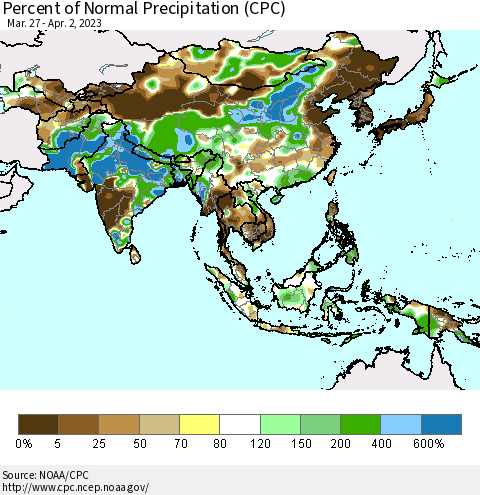 Asia Percent of Normal Precipitation (CPC) Thematic Map For 3/27/2023 - 4/2/2023