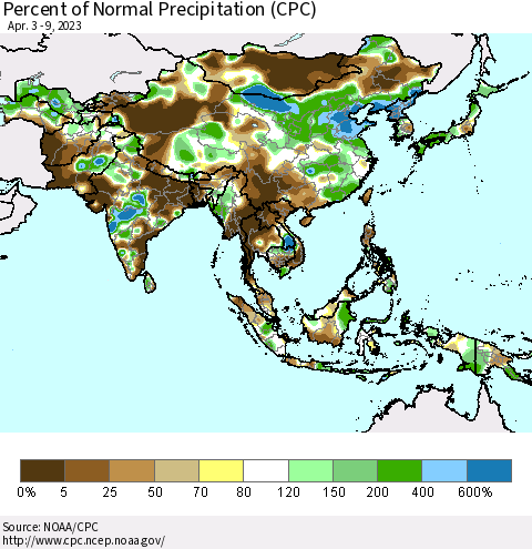 Asia Percent of Normal Precipitation (CPC) Thematic Map For 4/3/2023 - 4/9/2023