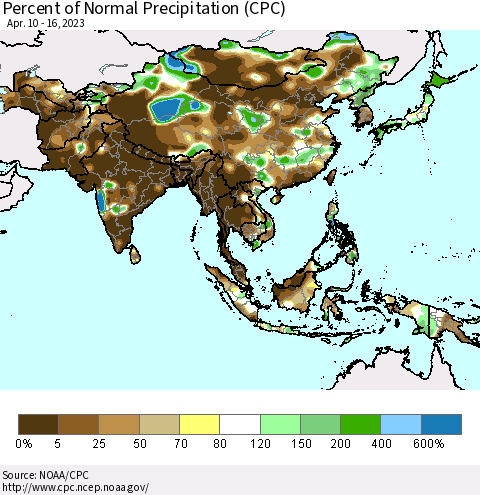 Asia Percent of Normal Precipitation (CPC) Thematic Map For 4/10/2023 - 4/16/2023