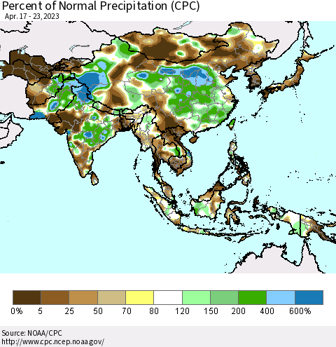 Asia Percent of Normal Precipitation (CPC) Thematic Map For 4/17/2023 - 4/23/2023