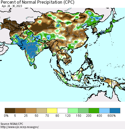 Asia Percent of Normal Precipitation (CPC) Thematic Map For 4/24/2023 - 4/30/2023